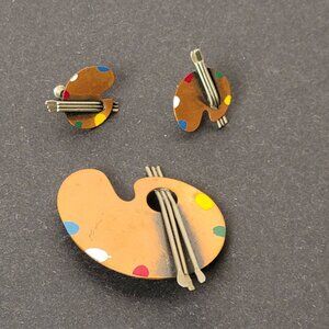Vintage Rebajes Signed Artist Palette Copper Brooch & Clip Earrings Set